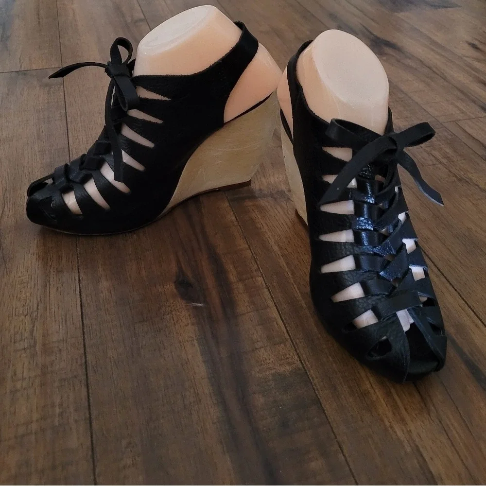 Loeffler Randall Black Leather Cage Lace Up Wood‎ Wedge Peep Toe Sandals
